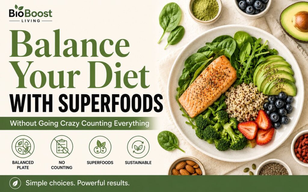 Balance your diet with superfoods cover - balanced bowl of salmon, quinoa, avocado, broccoli, spinach and berries surrounded by nuts and seeds, BioBoost Living branding