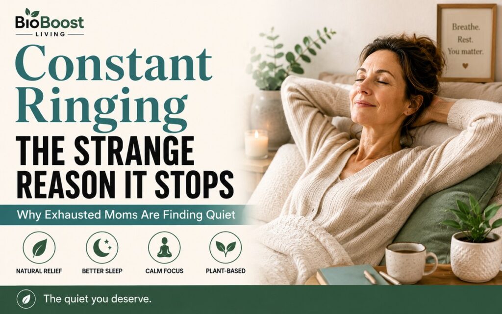 Constant ringing relief cover - woman resting peacefully on a sofa with a candle and plants in a calm neutral room, BioBoost Living branding