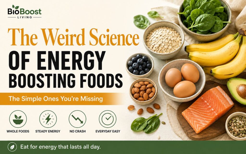 Energy boosting foods cover - flat lay of oats, eggs, spinach, bananas, almonds, blueberries and salmon in ceramic bowls, BioBoost Living branding