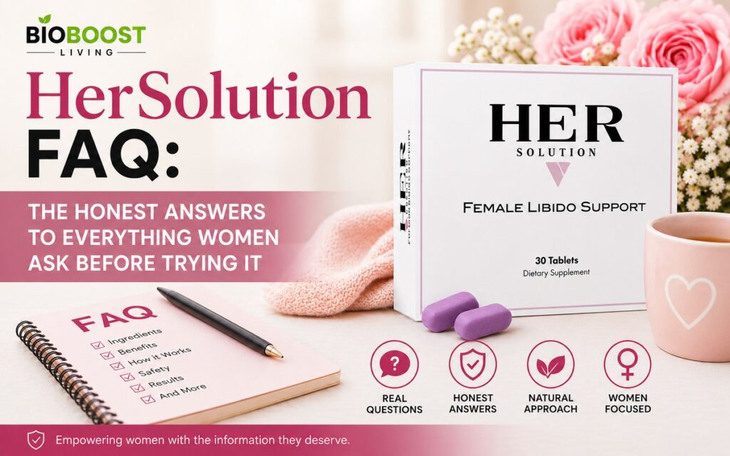 HerSolution FAQ cover image - FAQ notebook listing ingredients, benefits and safety beside HerSolution female libido support box, BioBoost Living branding