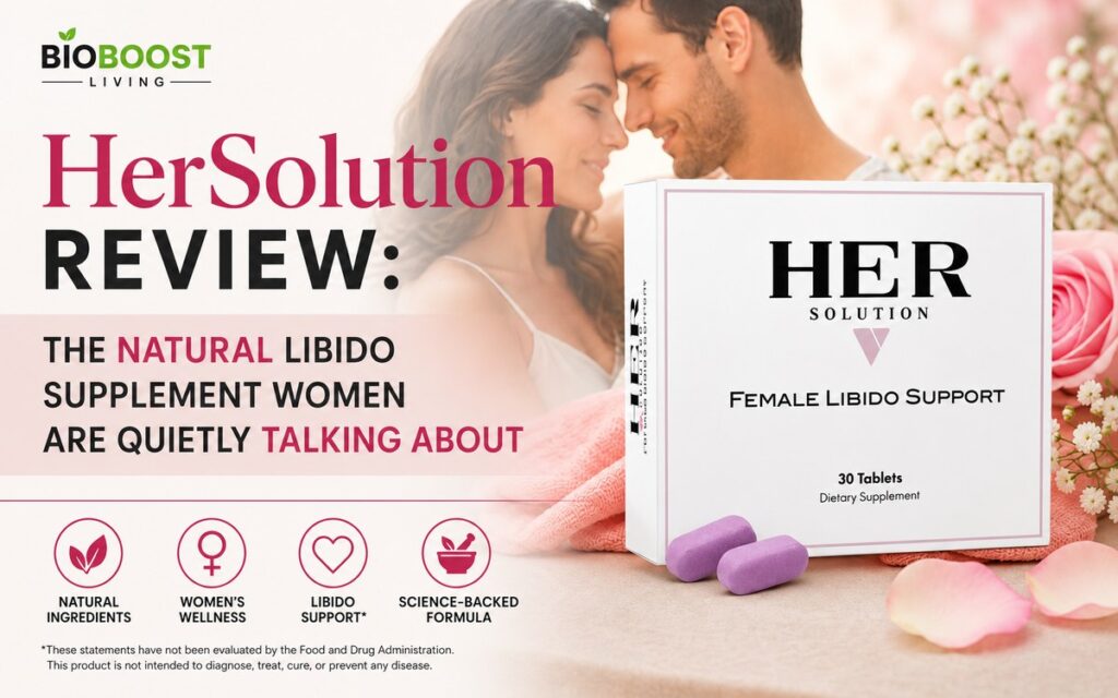 HerSolution Review cover image - white HerSolution female libido support box with purple tablets, couple embracing, BioBoost Living branding