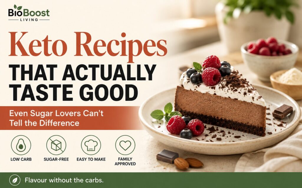 Keto recipes cover - slice of chocolate keto cheesecake topped with raspberries and blueberries on a ceramic plate, BioBoost Living branding