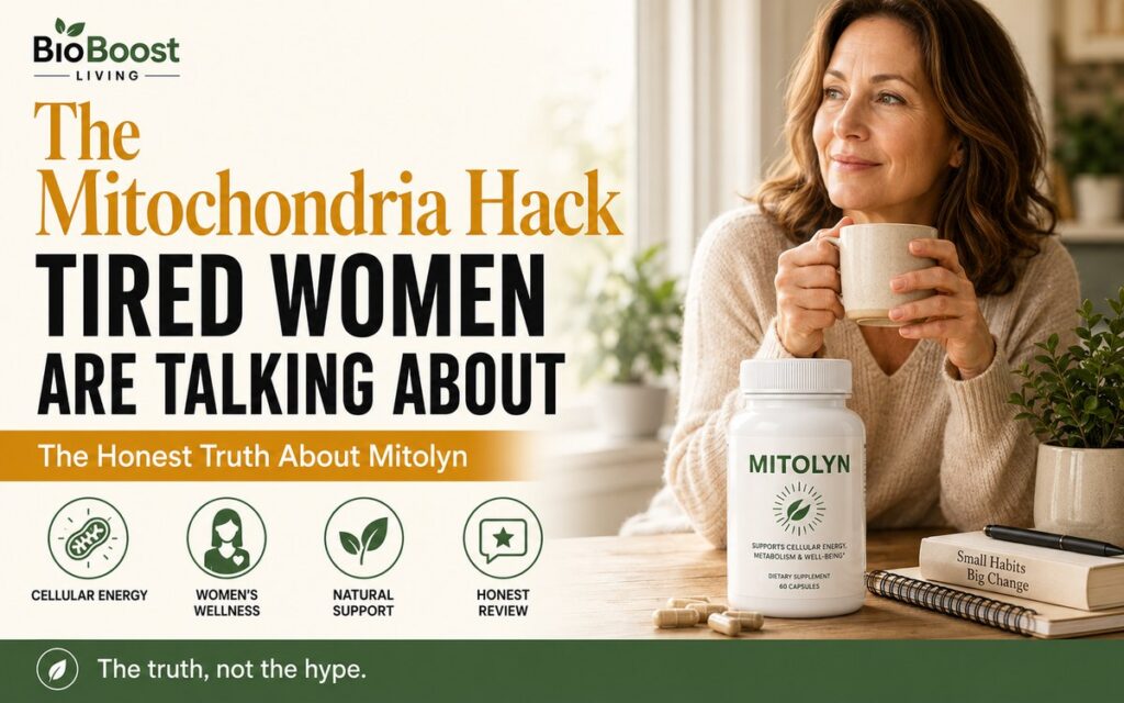 Mitochondria hack cover - woman holding a mug beside a white Mitolyn supplement bottle in a sunlit kitchen, BioBoost Living branding