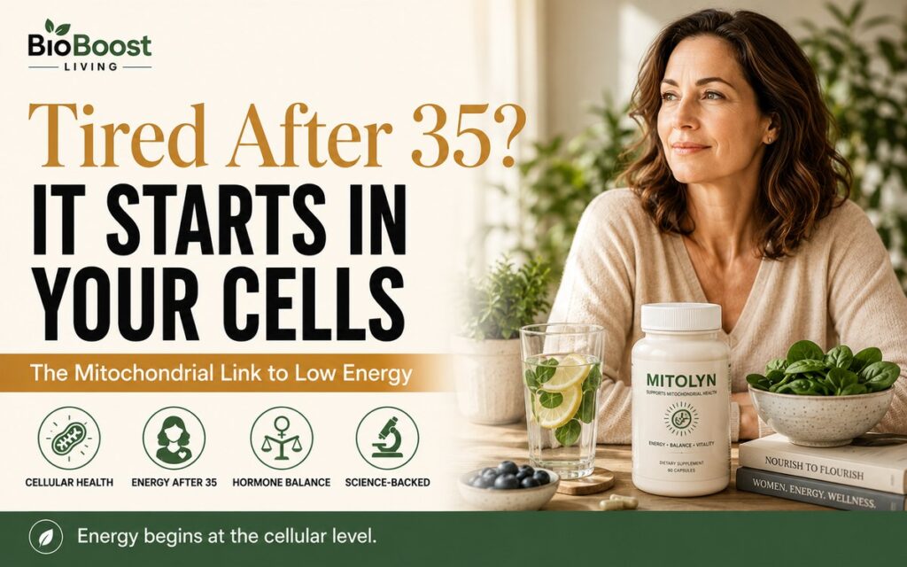 Mitochondrial health after 35 cover - woman in her forties beside a Mitolyn supplement bottle, infused water and fresh spinach in bright natural light, BioBoost Living branding