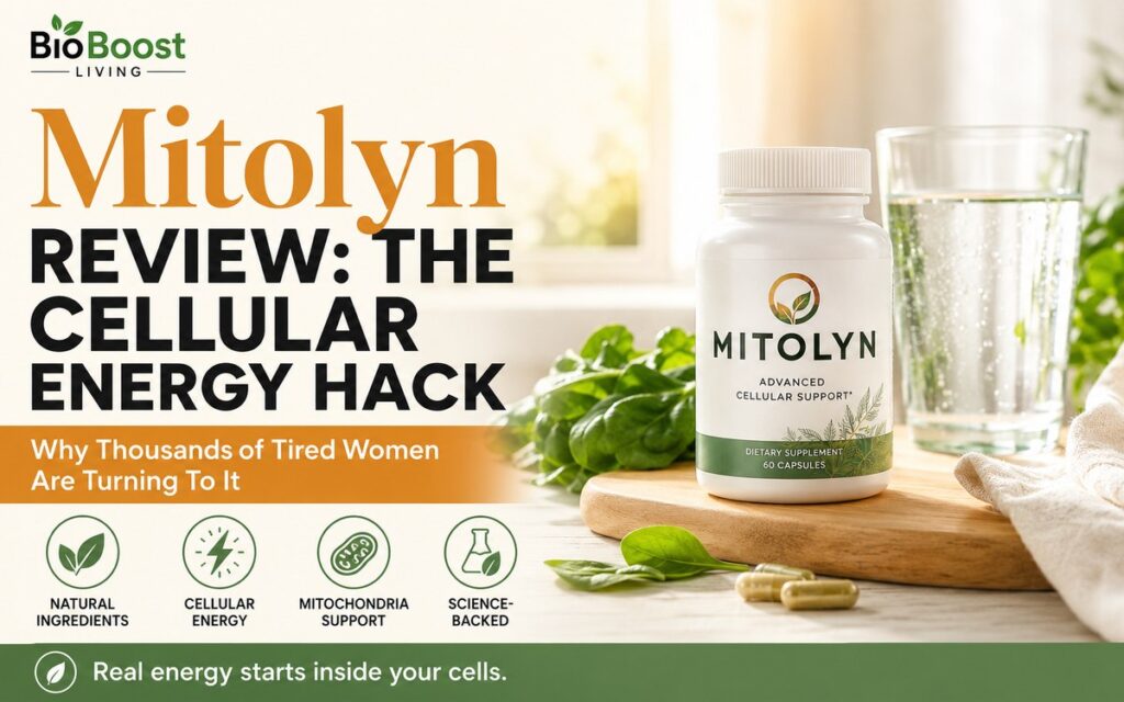 Mitolyn review cover - white Mitolyn cellular support supplement bottle with fresh spinach and water on a wooden board, BioBoost Living branding