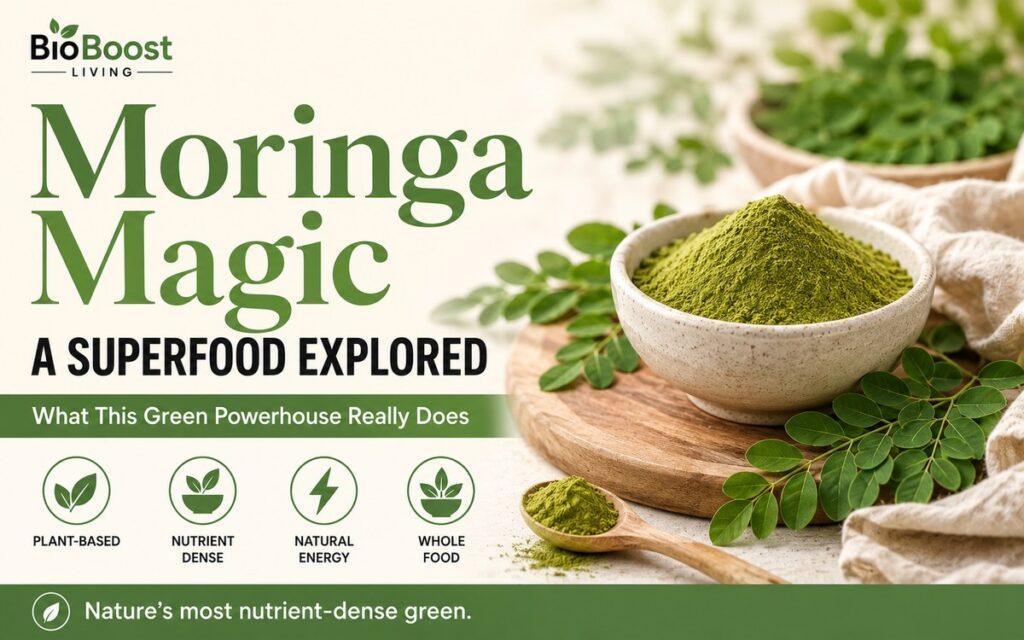 Moringa Magic superfood cover - bowl of vivid green moringa powder with fresh moringa leaves on a wooden board, BioBoost Living branding