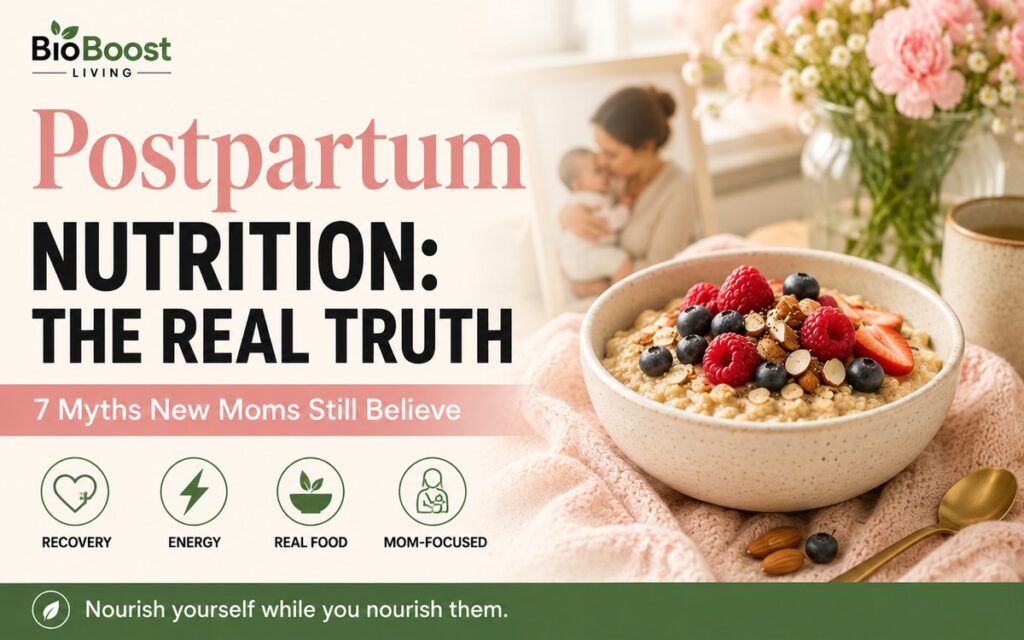 Postpartum nutrition cover - bowl of oatmeal with raspberries, blueberries and almonds on a soft pink blanket beside flowers, BioBoost Living branding