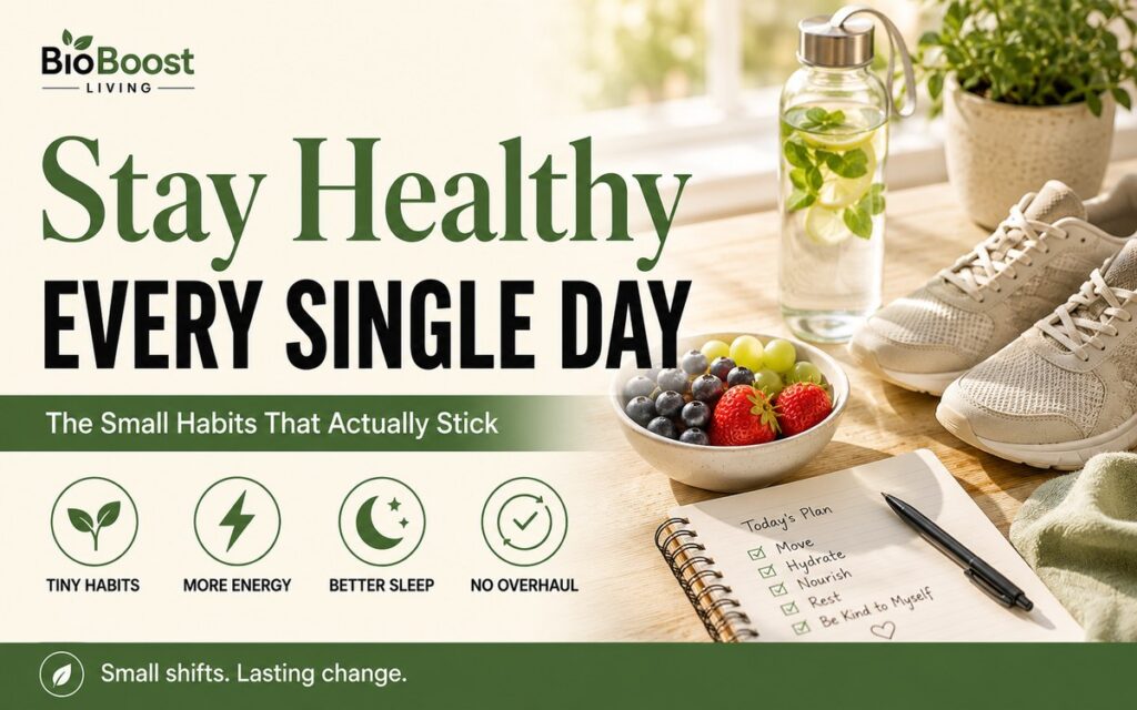 Stay healthy every day cover - water bottle, sneakers, bowl of fresh fruit and a daily habits notebook on a sunlit wooden table, BioBoost Living branding