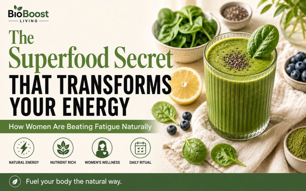 Superfood secret cover - green spinach smoothie in a ribbed glass with chia seeds, lemon, blueberries and fresh spinach leaves, BioBoost Living branding