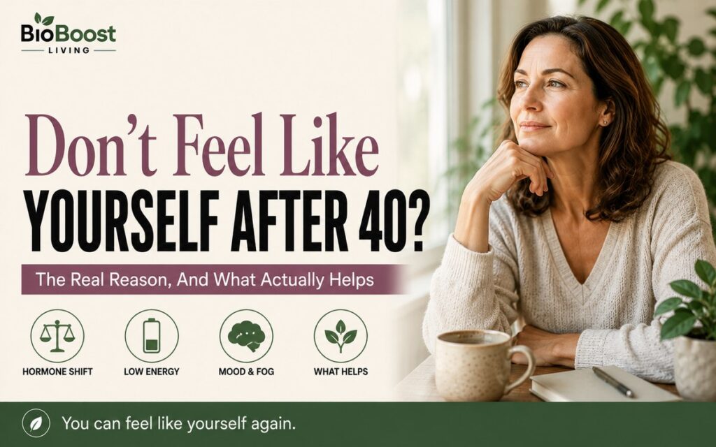 Why you don't feel like yourself after 40 - thoughtful woman around 45 resting her chin on her hand by a bright window with a mug and plants, BioBoost Living branding