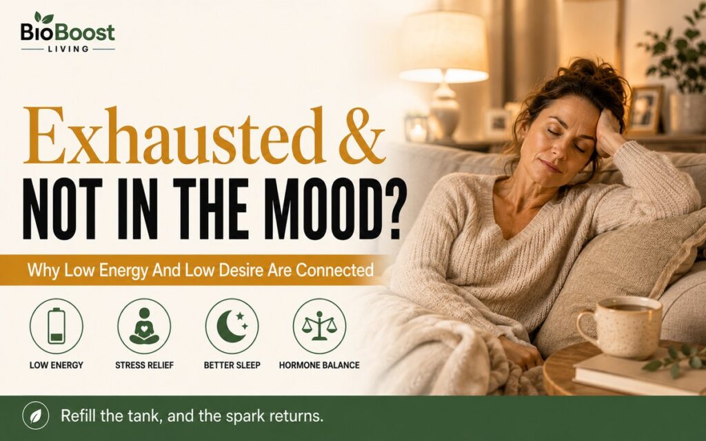 Exhausted and not in the mood - tired woman resting on a sofa in warm evening light with a mug of tea nearby, BioBoost Living branding