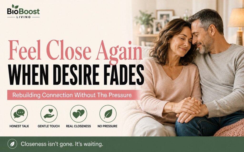Feel close to your partner again when desire fades - affectionate mature couple sitting close and holding hands on a sofa in warm light, BioBoost Living branding