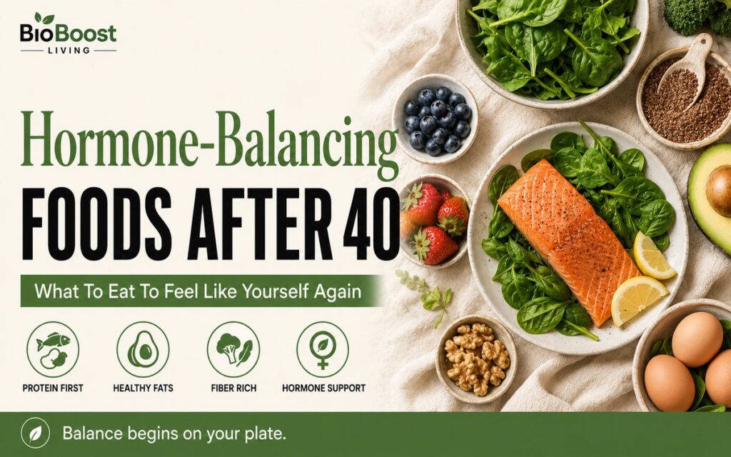 Hormone-balancing foods after 40 - overhead spread of salmon, spinach, avocado, berries, eggs, walnuts and flaxseed on cream linen, BioBoost Living branding