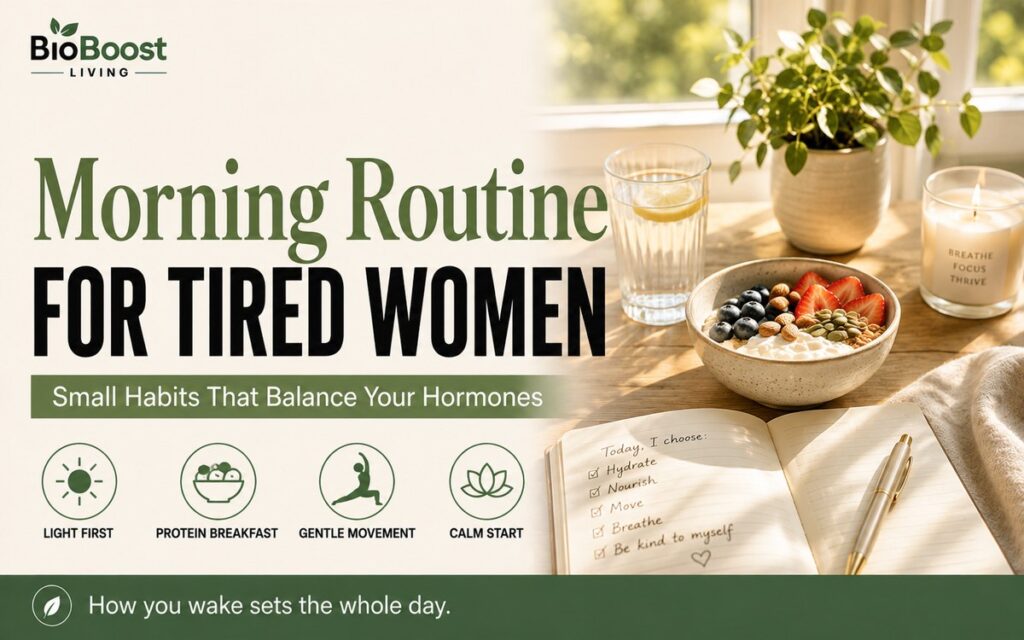 Hormone-balancing morning routine for tired women - sunny windowsill still life with lemon water, a protein breakfast bowl, an open journal and a plant, BioBoost Living branding