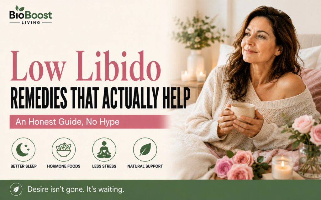 Low libido natural remedies that actually help - serene woman relaxing with a warm mug in soft light beside pink roses and candles, BioBoost Living branding