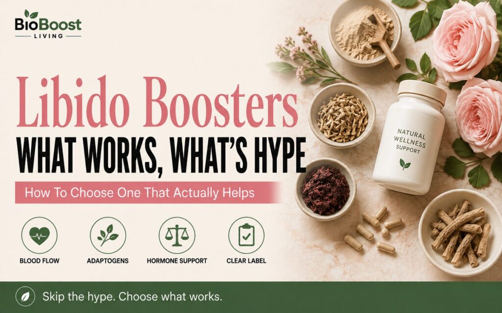 Natural libido boosters what works what's hype - flat lay of botanical herbs, powder, capsules and a plain supplement bottle beside pink roses on cream-pink stone, BioBoost Living branding