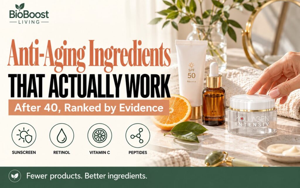 Sunscreen, vitamin C serum and Kollagen Intensiv cream on a marble vanity, cover for anti-aging ingredients that work after 40