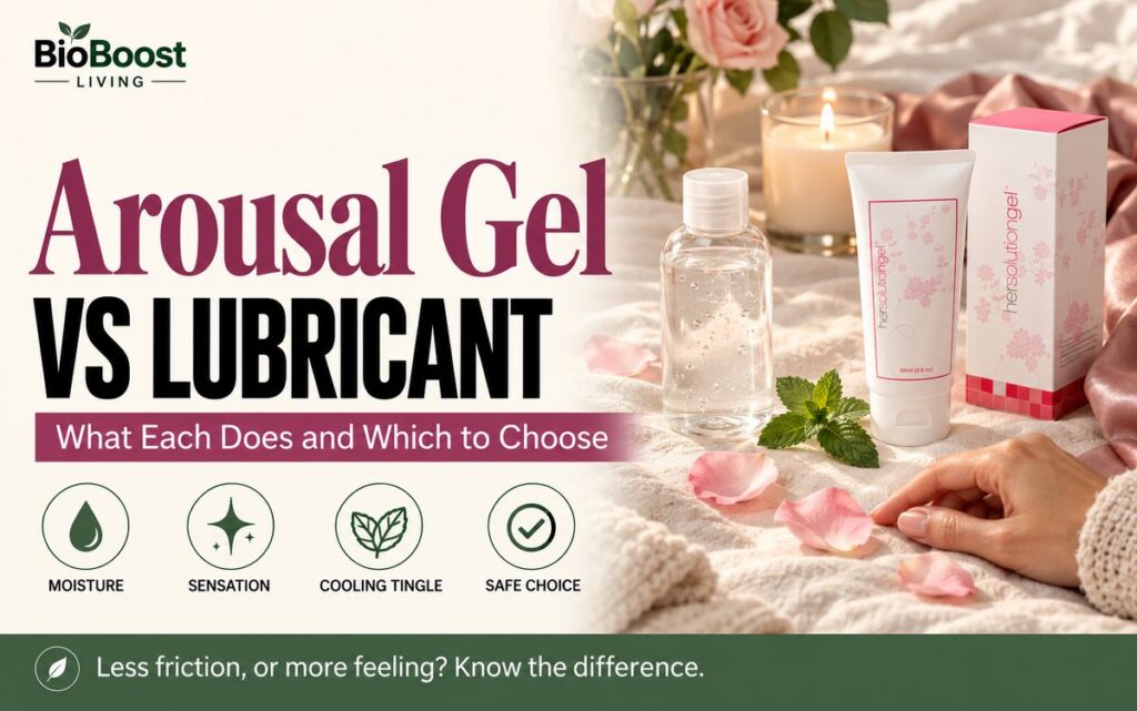 Clear lubricant bottle next to a HerSolution Gel tube with mint and rose petals, comparing arousal gel vs lubricant