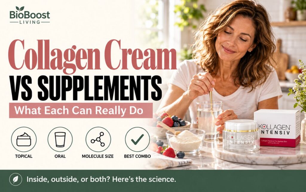 Woman stirring collagen powder into water next to a jar of Kollagen Intensiv cream, cover for collagen cream vs collagen supplements