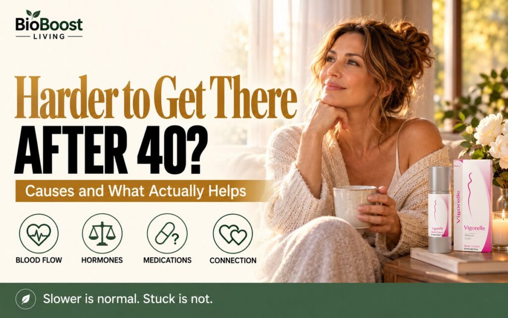 Woman in her 40s with a cup of tea by a sunny window, cover for a guide to difficulty reaching orgasm after 40