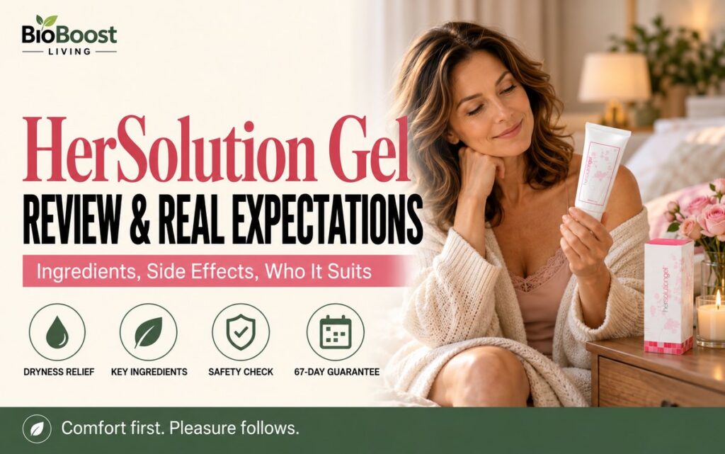Woman in her 40s reading a HerSolution Gel tube in a cozy bedroom, cover for a HerSolution Gel review