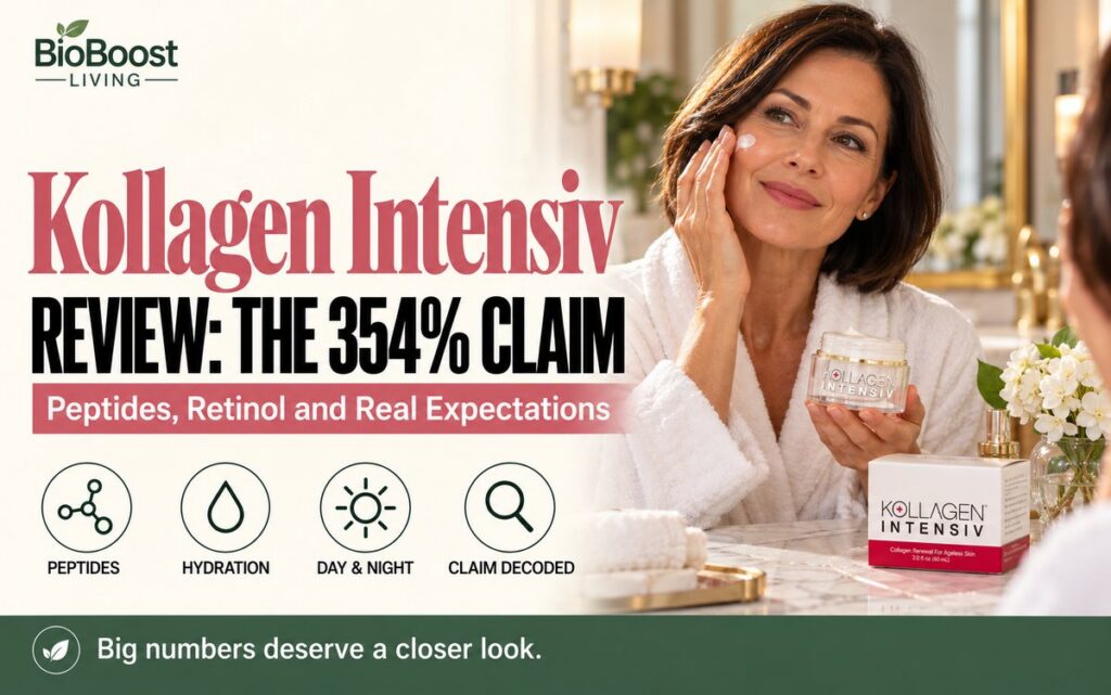 Woman around 50 applying Kollagen Intensiv anti-aging cream at a bathroom mirror, cover for a Kollagen Intensiv review