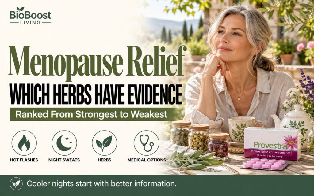 Silver-haired woman relaxing on a garden terrace with herbal tea and dried herbs, cover for a guide to natural menopause relief