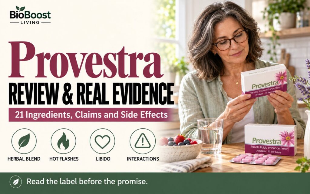 Woman in her 50s reading the label on a Provestra supplement box in a bright kitchen, cover for a Provestra review