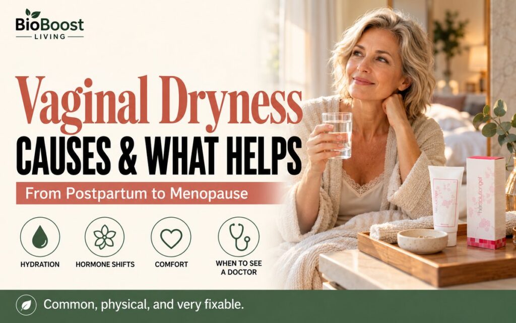 Woman in her 50s holding a glass of water beside a tray with HerSolution Gel, cover for a guide to vaginal dryness during sex
