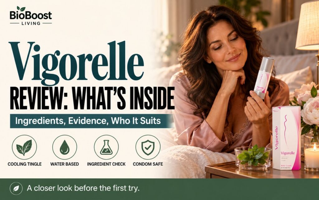 Woman in her late 40s holding a Vigorelle arousal cream bottle in a softly lit bedroom, cover for a Vigorelle review