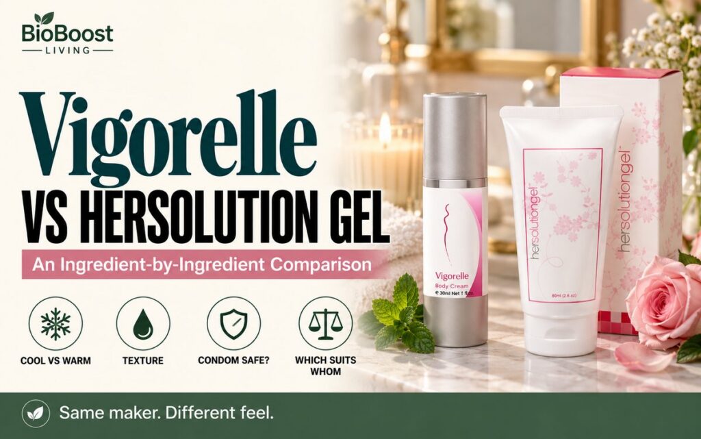 Vigorelle bottle and HerSolution Gel tube side by side on a marble vanity, cover for a Vigorelle vs HerSolution Gel comparison